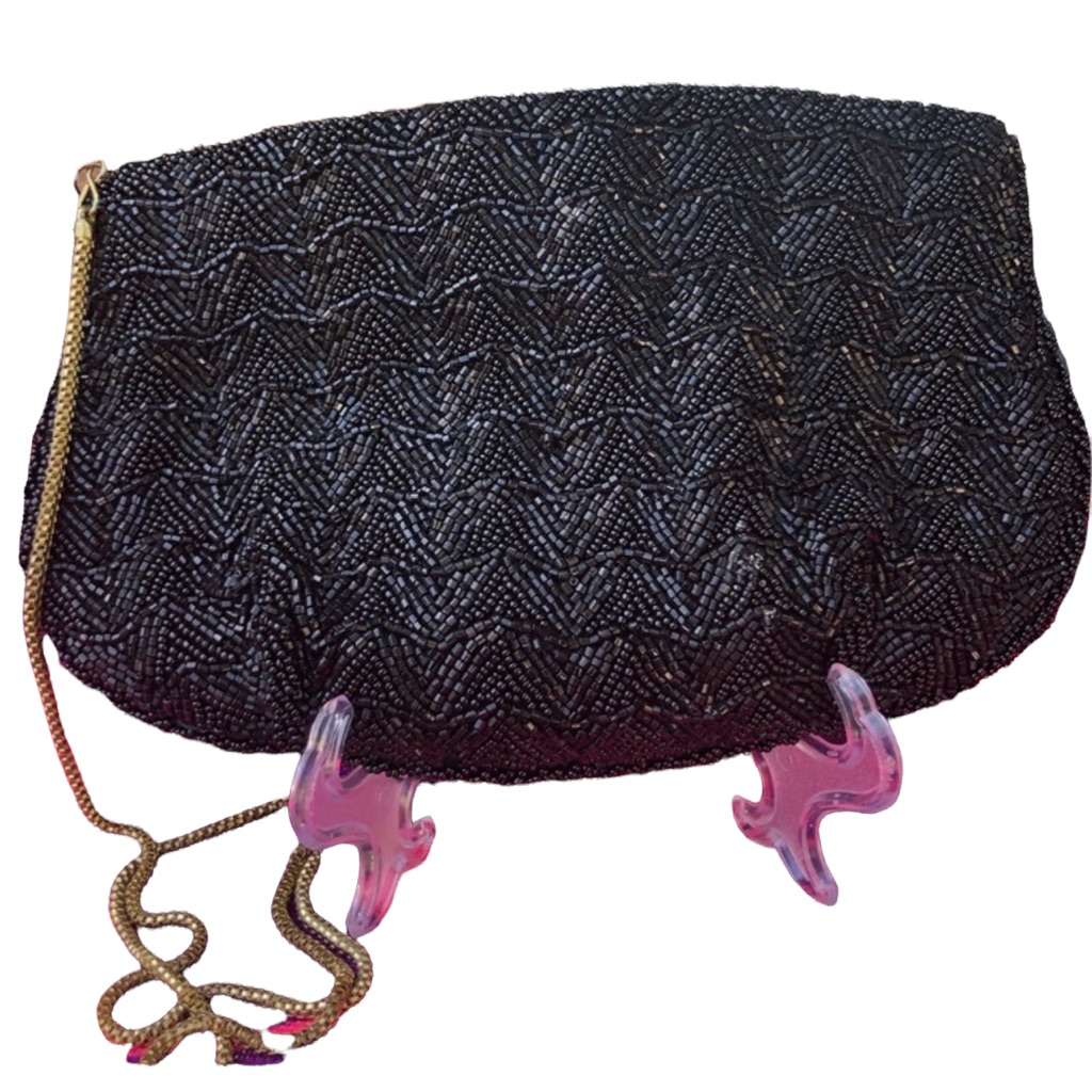 Vintage Black Bead 1960s Clutch Shoulder Bag Eve Clutch